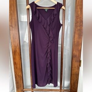 Lauren Ralph Womens Dress Size 10 Purple Ruffle Floral Pencil Sheath Stretch